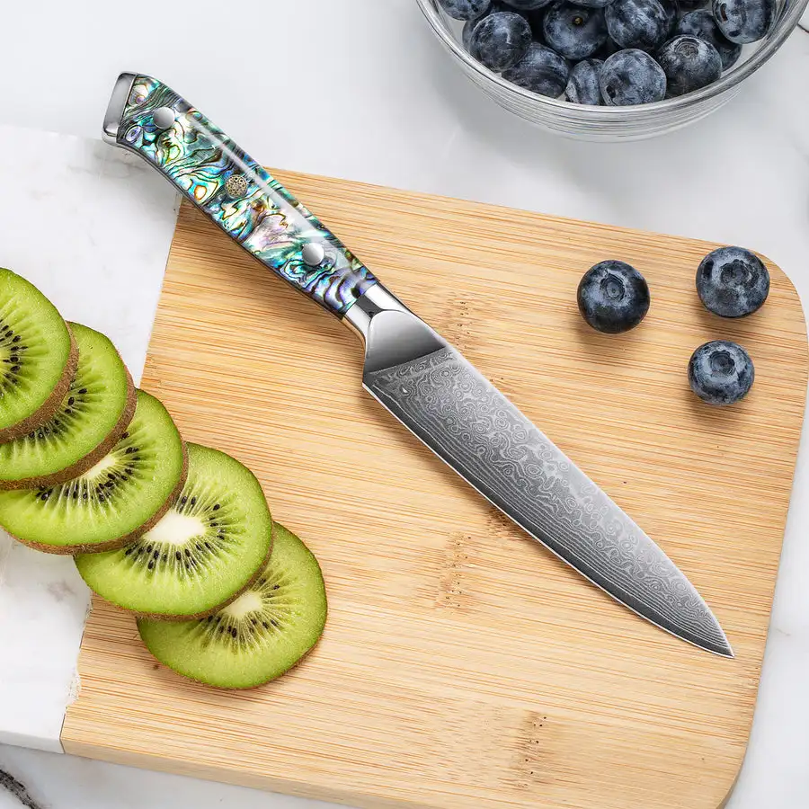 Damascus Utility Knife , Abalone Shell Handle, Super-Sharp Blade, Premium Steel, Multi-Purpose,Kitchen Chef Fruit Knife
