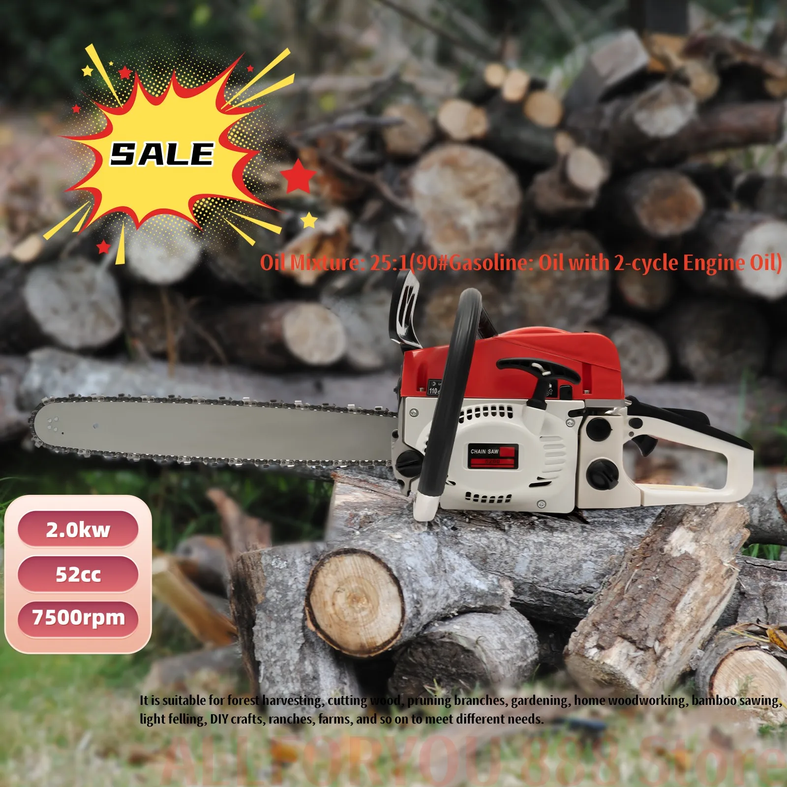 20 Inch 2-stoke Gas-powered Chainsaw Cutting Wood Gas Sawing Single Cylinder Chain Saw Air-cooled 52CC