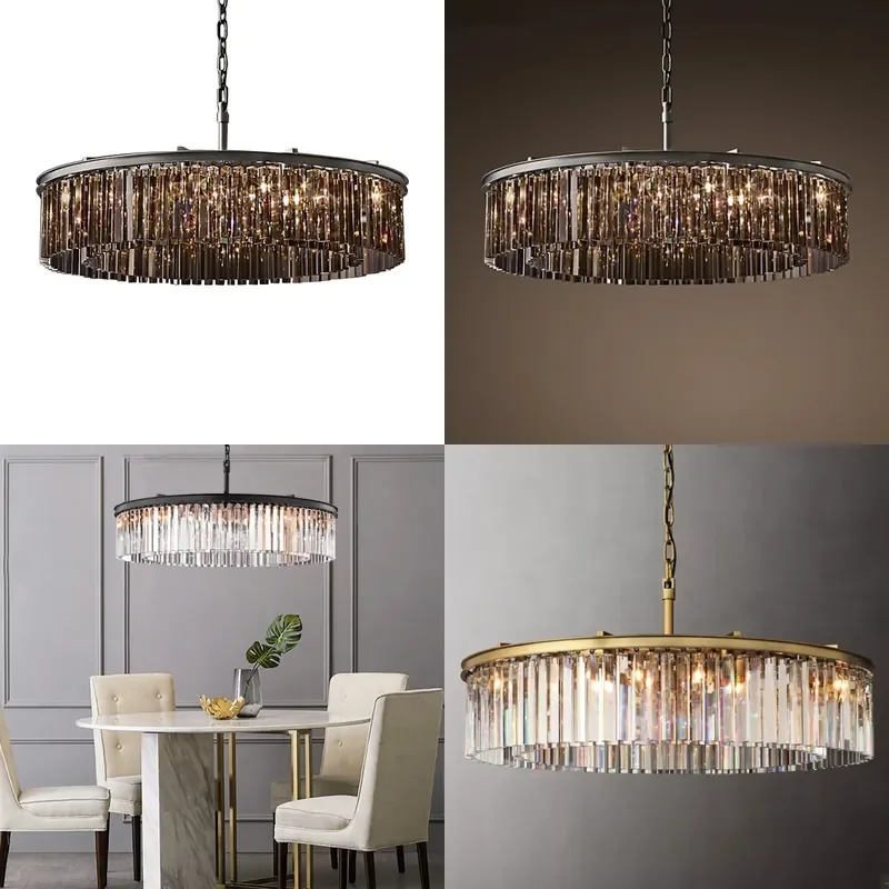 American Retro Round Crystal Chandelier LED Ceiling Light Luxury Dual Purpose Fixture for Living Room Bedroom Dining Area