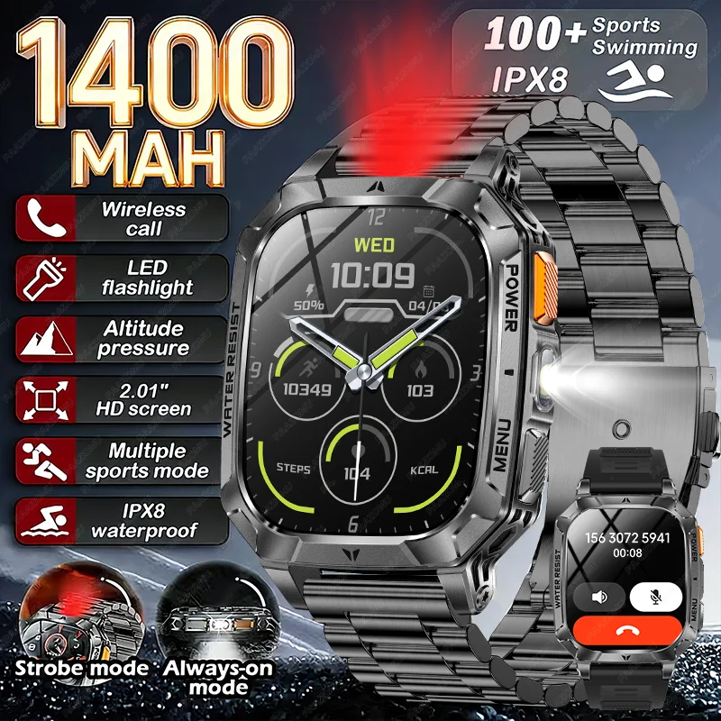 Nuevo reloj inteligente militar resistente para hombre, batería de 1400 mAh, 2,01 pulgadas, Bluetooth, dispositivo de monitoreo de salud, linterna LED, reloj inteligente