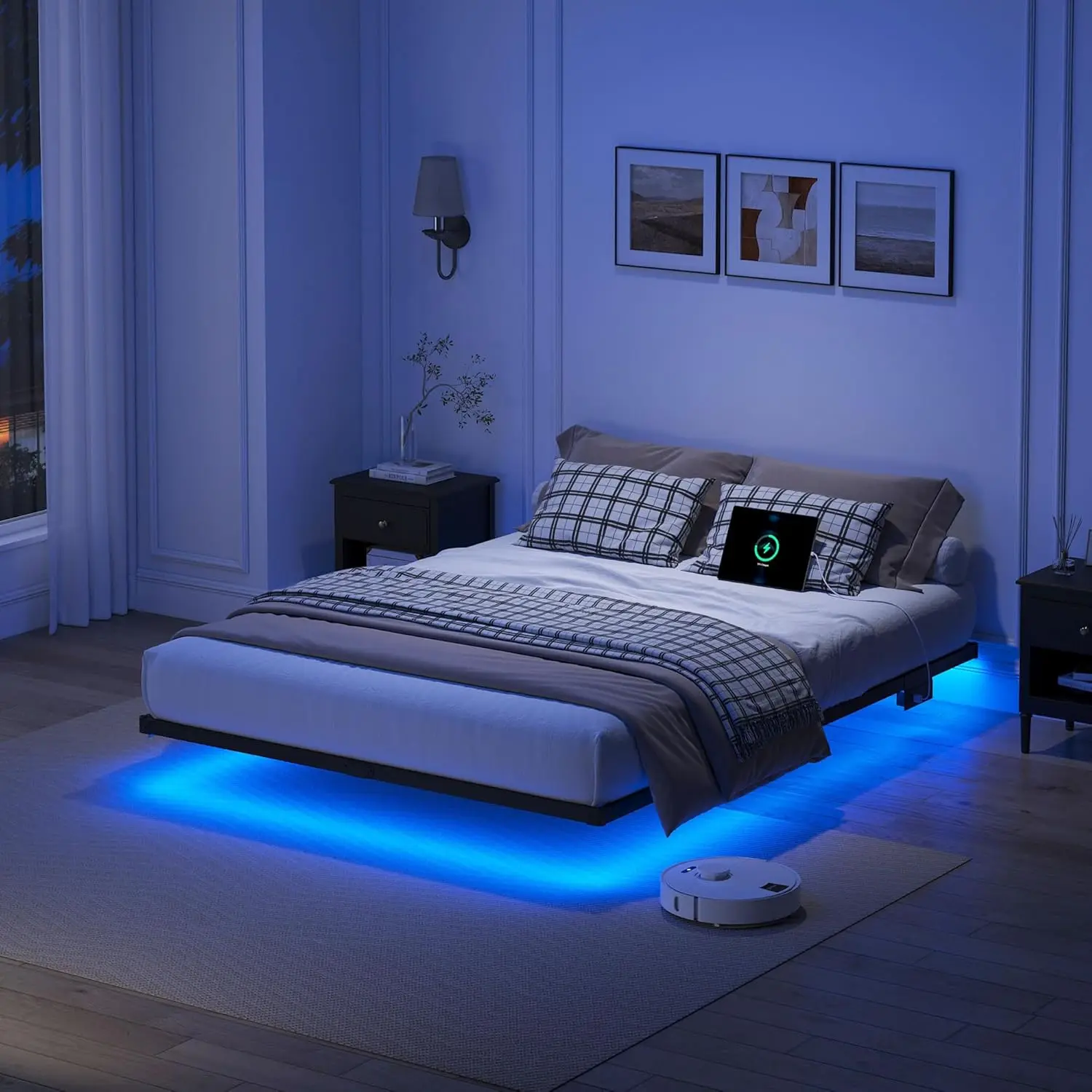 

Bed Frame Queen Size,Heavy Duty Bedframe with Smart LED Lights & Charging Station,Modern Metal Platform Bed,No Box Spring Needed