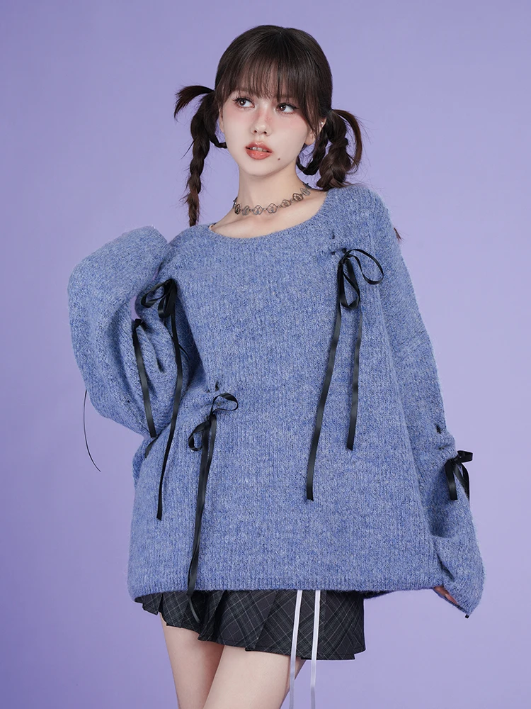 High Quality Hot Selling Lazy Gray Blue Strap Bow Round Neck Sweater Loose Versatile Wholesale Pullover Sweaters Cashmere Y2k