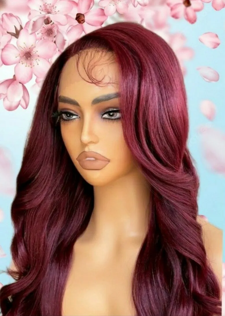 

Burgundy WINE Red Wig HD Front Lace Blend Highlights Wavy Curly