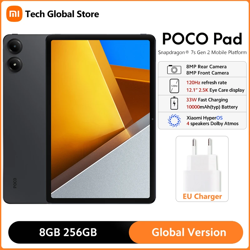 

POCO Pad глобальная версия Snapdragon 7s Gen 2 Процессор 12,1 "120 Гц 2,5 K дисплей 33 Вт Быстрая зарядка 10000 мАч аккумулятор POCO планшеты