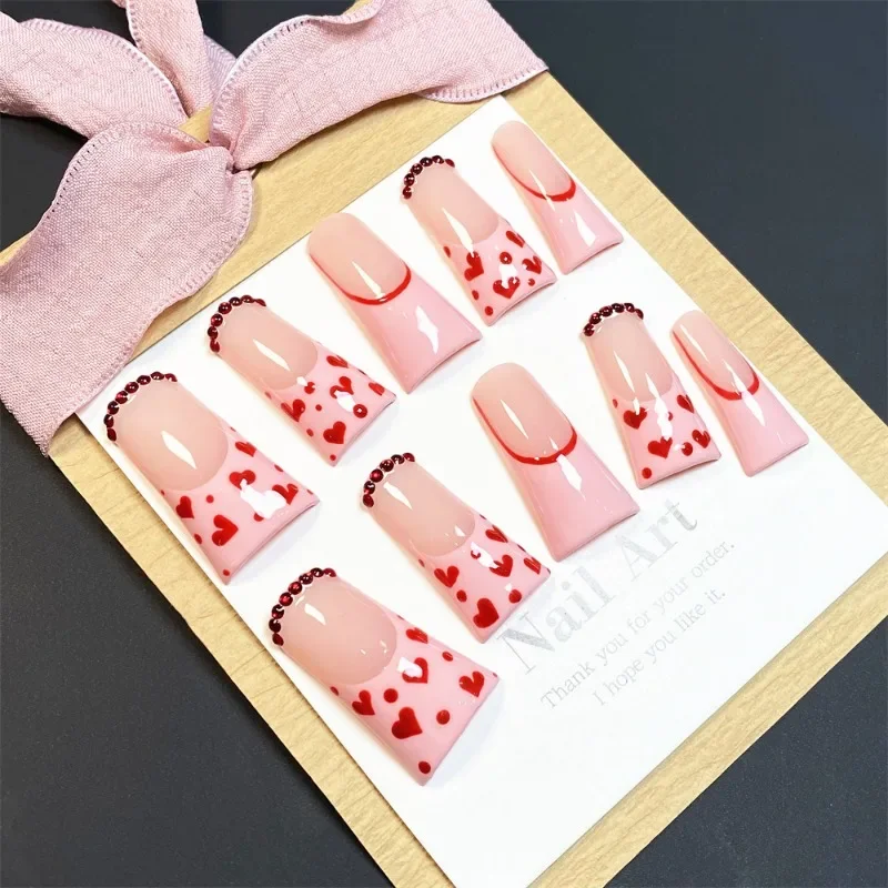 Presse à Ongles en Forme de Canard avec Amour, Design Imprimé, Faux Pointes Françaises, Bord Strass, Rose, Fait à la Main, N64.24, Y2k