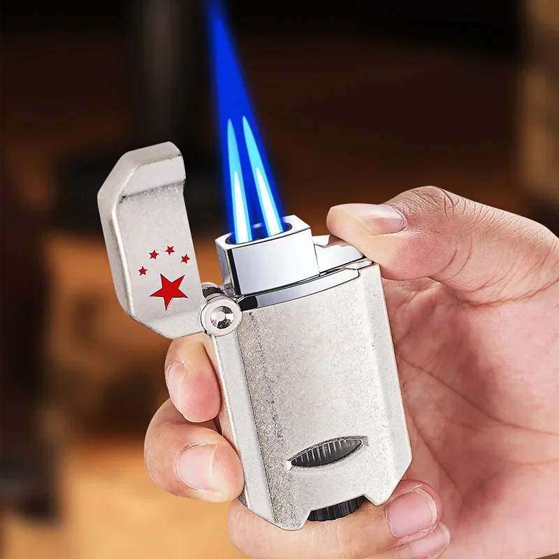 JOBON Red Five Star Cigar Lighter Double Flame and Gas Window Metal Windproof Smoking Accessories Gift New Unique and Unusual