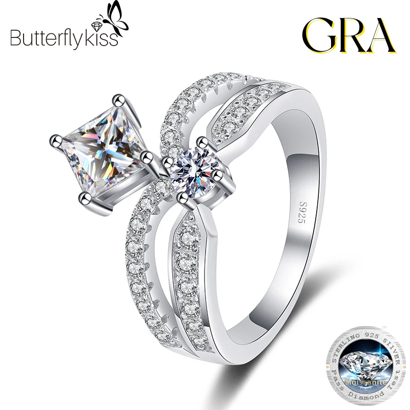 

Butterflykiss Four Claw 1.3 Carat Princess Cut Moissanite CROWM Ring S925 Silver Plate Pt950 Platinum Jewelry For Women Wedding