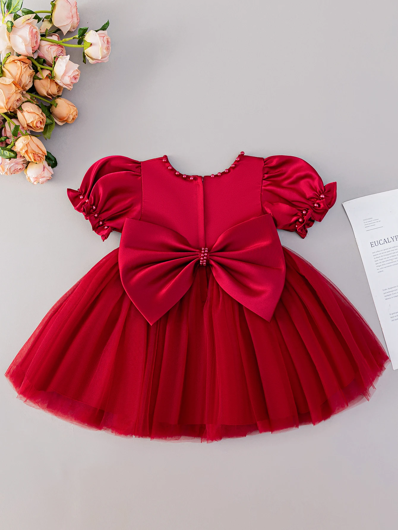 

Baby Girl Wine Red Bow Decoration Small Dress Sweet And Cute Dress Birthday Party New Year Chiffon Dress