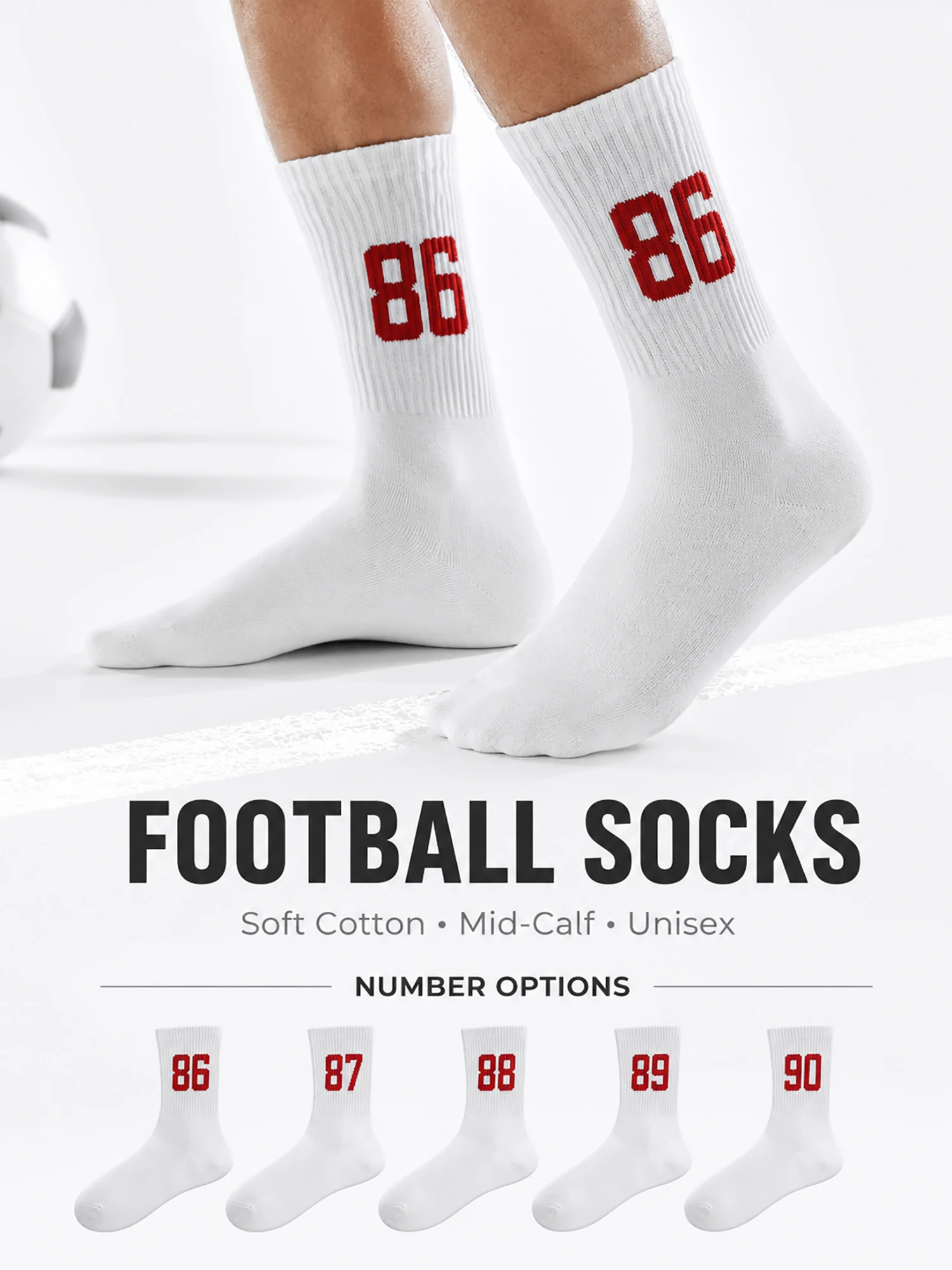 

5Pairs Men's White Mid Calf Socks 86-90 Number Print Breathable Cotton Cushioned Football Soccer Long Socks Reinforced Heel Gift