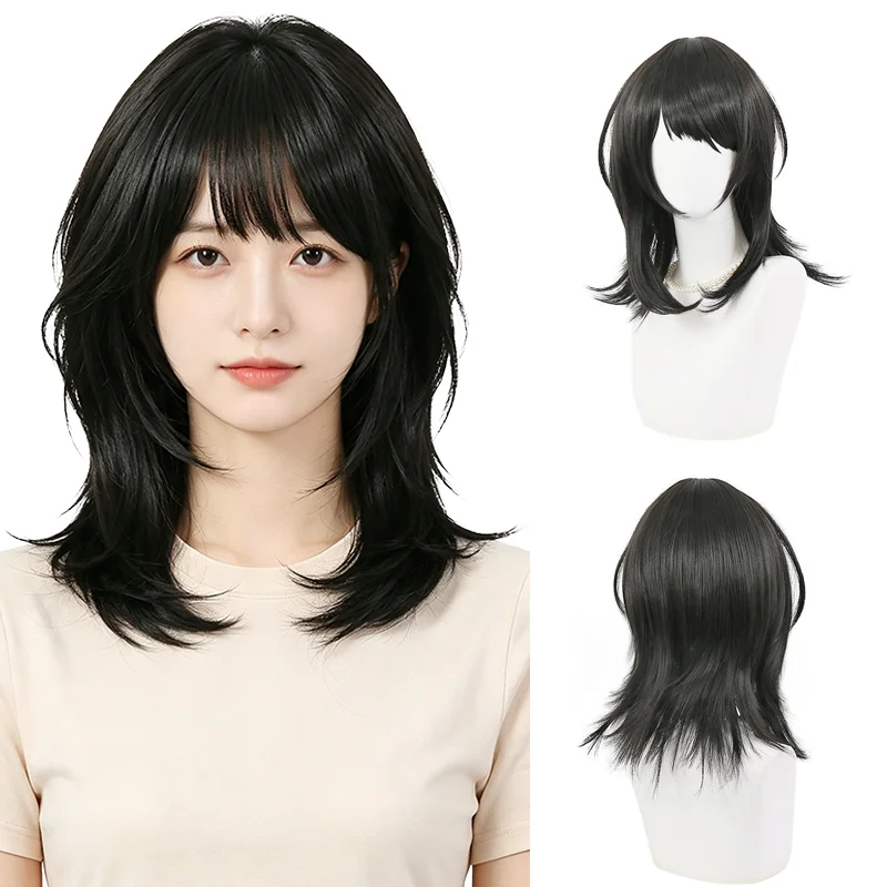 Yahata Umiri Cosplay Wig Medium Length Shaggy Layered Black Wolf Cut Wig Heat Resistant Synthetic Hair For Party Daily Use