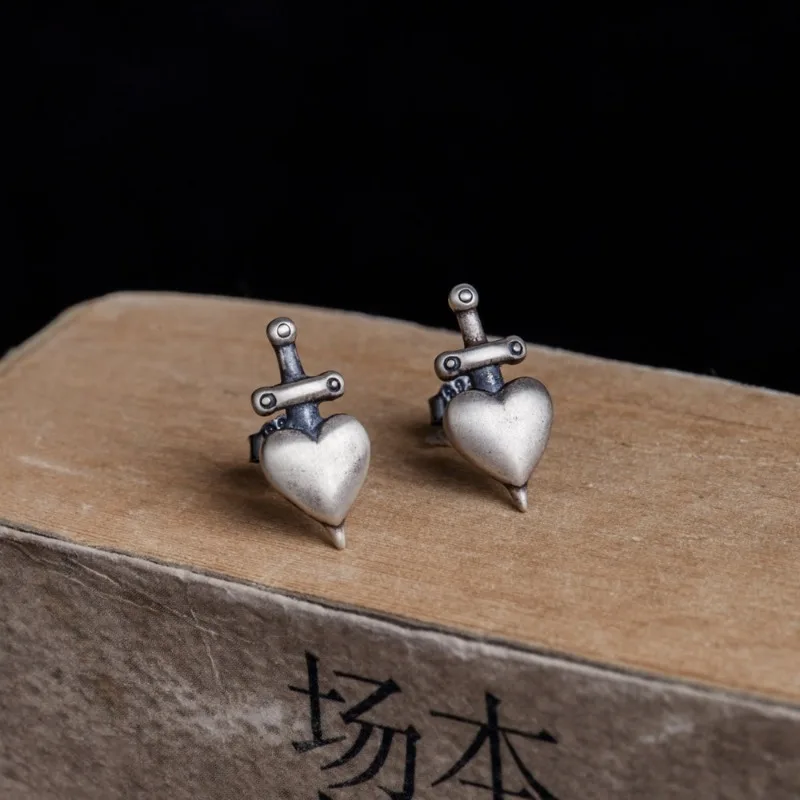 925 Sterling Silver Retro Punk Heart Sword Stud Earrings, Piercing Jewelry for Men Women Party Daily Gifts