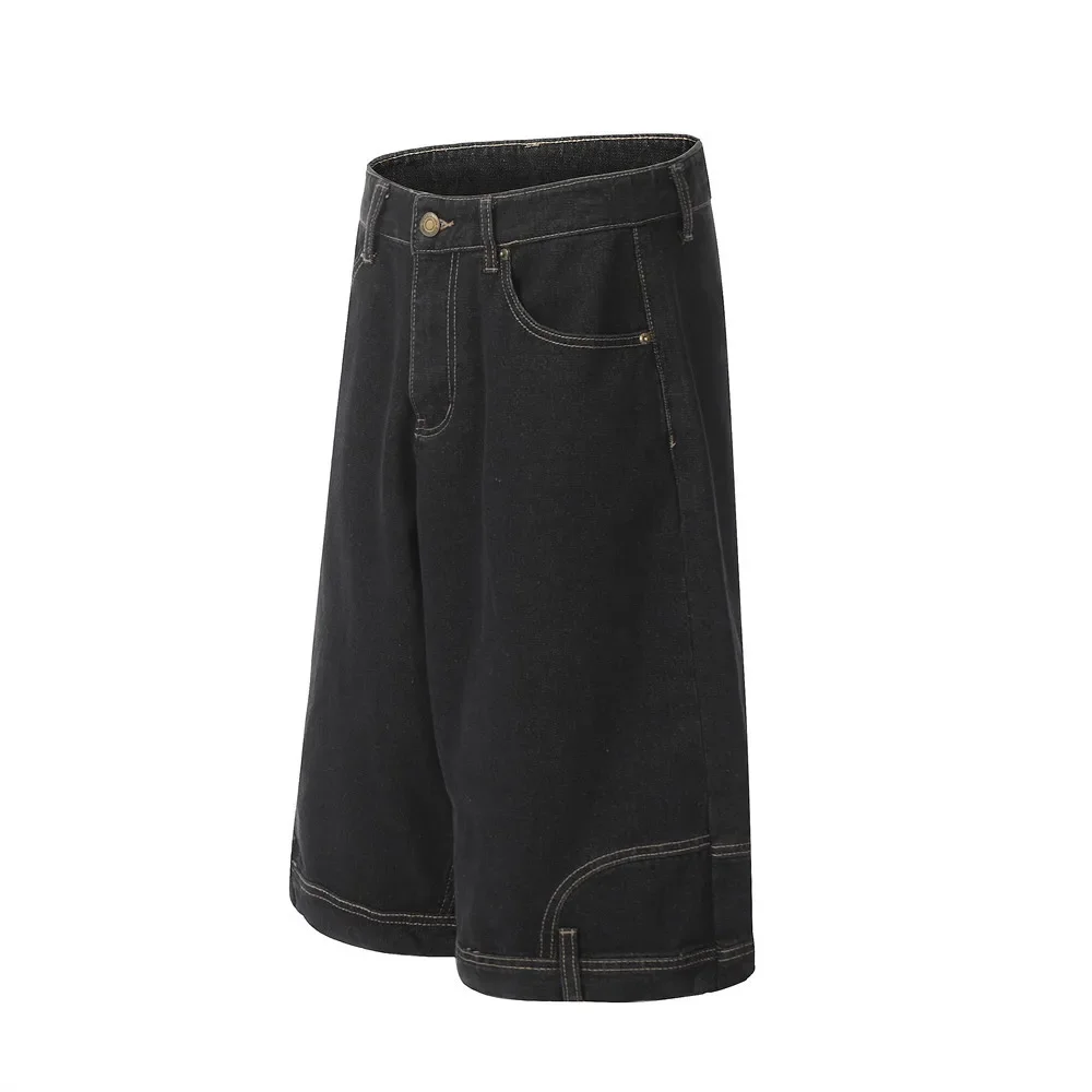 2025 American Style Men's Solid Color Loose Simple Basic Casual Trendy Knee Length Denim Trousers Male Cargo Jeans Pants Clothes