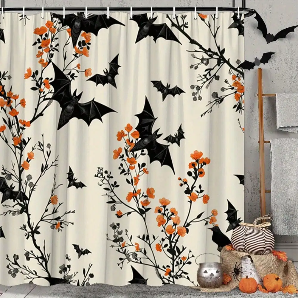 1PC Halloween Bats & Orange Flowers Shower Curtain - Gothic Wings & Dark Branches Design, Black & White Polyester Bathroom Decor Perfect For Home Bathroom Or Shower