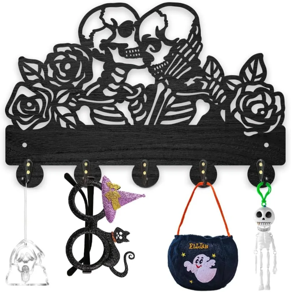 Halloween Skull Key Holder for Wall Wood Rose Flower Skeleton Undead Key Hook 11.8×7.9inch Black Coat Rack 5 Alloy Hooks Home