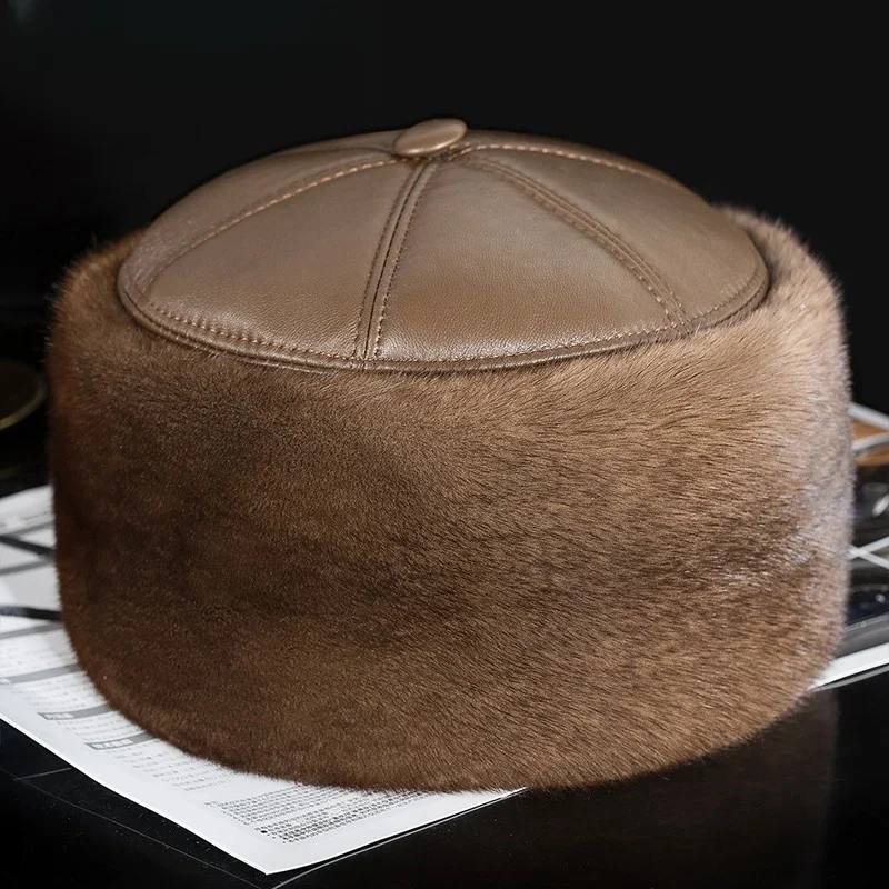 

Leather mens sheepskin real hair ear and extra thick warm velvet hat