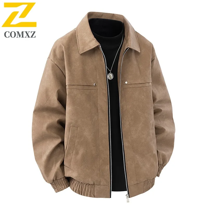 COMXZ Mens Leather Jacket High-quality Stand Collar Outdoor Cycling Windproof Coat Streetwear Comfortable Autumn Leather Coat