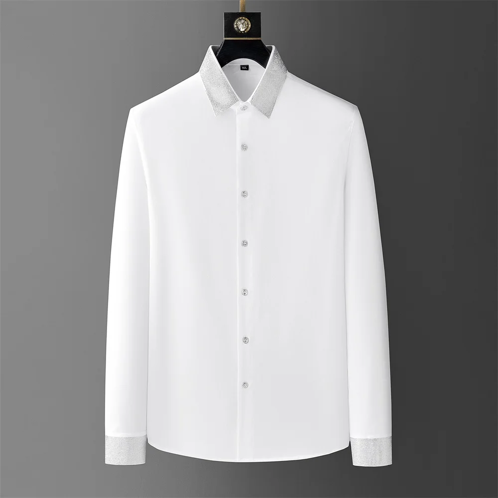 

Luxury Collar Rhinestone Shirt for Men 2024 Spring Long Sleeved Banquet Party Stage Performance Shirts Casual Business Shirt