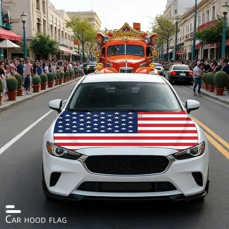 

Patriotic American Flag Engine Hood Cover Elastic Polyester Hood Protector With Secure Clip For Auto Decor