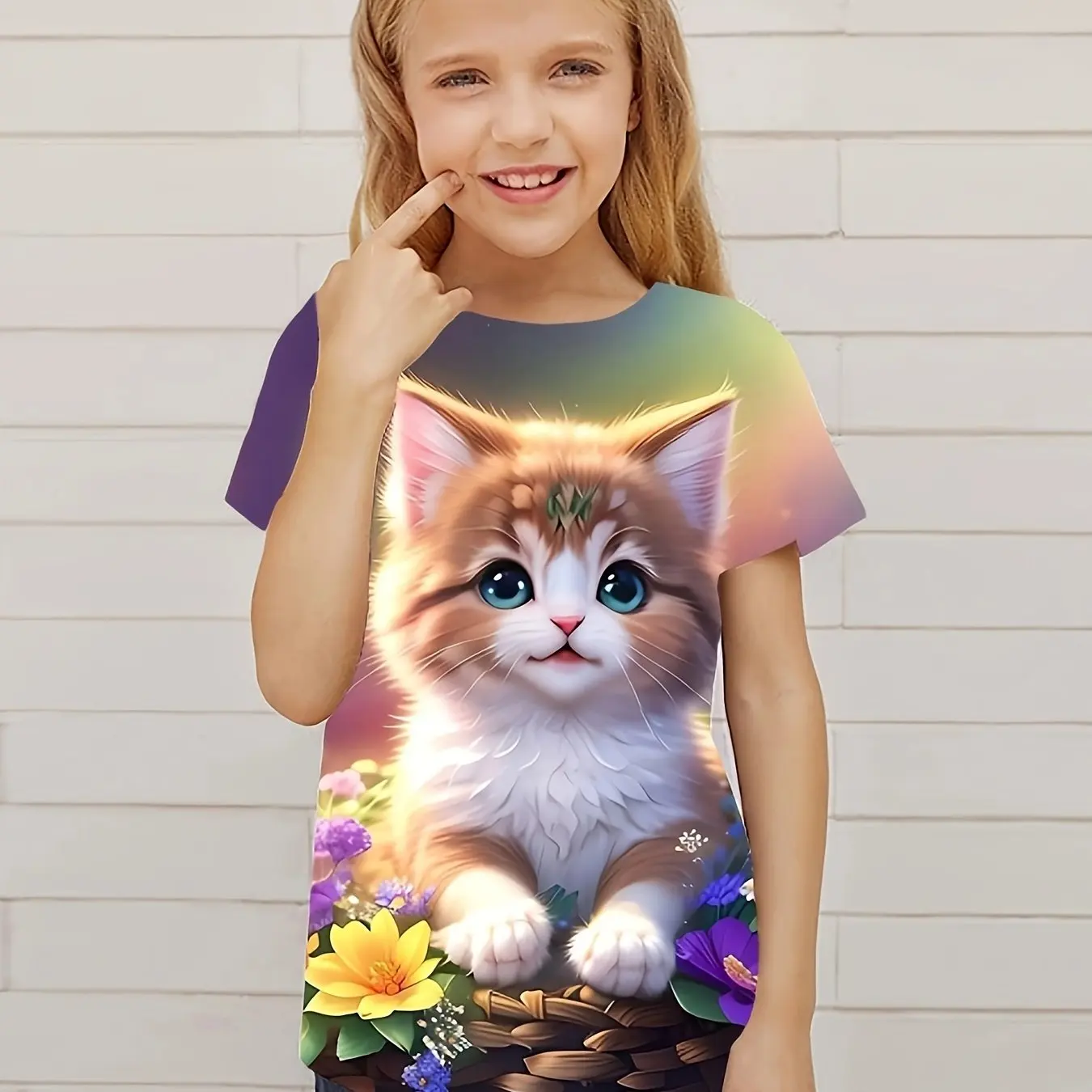 Children\'s Clothing Cute 3D Cat Graphic Print Short Sleeve Tops Kids Clothes T-Shirt Casual Pullover Child Boys Girls Summer