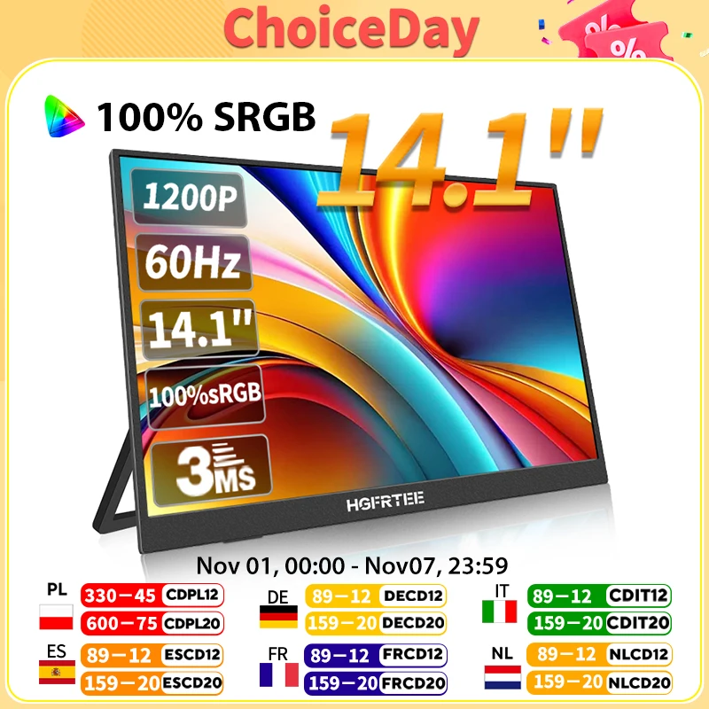 

HGFRTEE 14.1inch Mobile Portable Monitor IPS Second Game Screen Extended Display for Laptop with Bracket For xbox/raspberry Pi