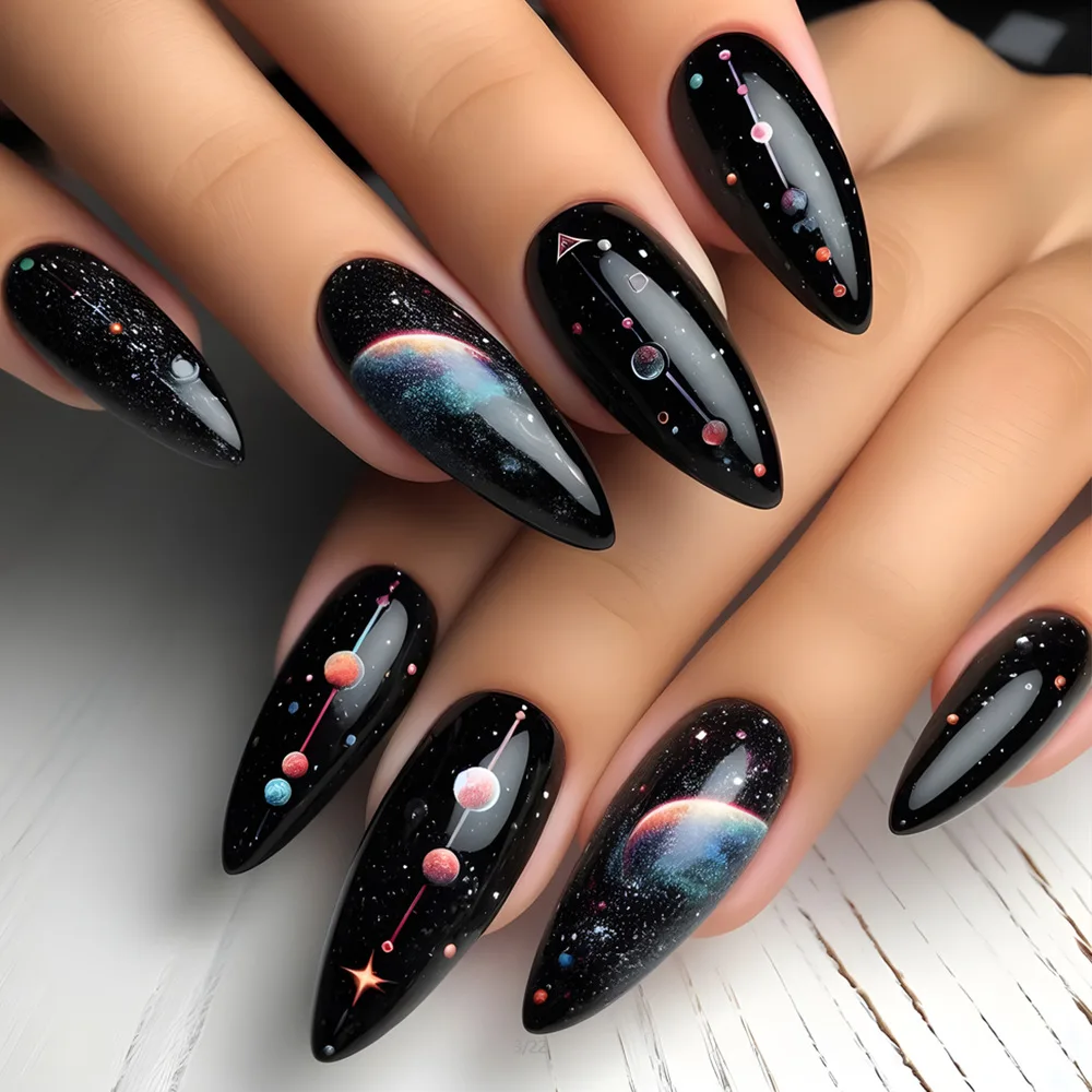 24 Uds uñas postizas de almendra oscura polvo de brillo negro Simple con diseños de máscara arte de uñas francés de moda prensa en uñas postizas usables