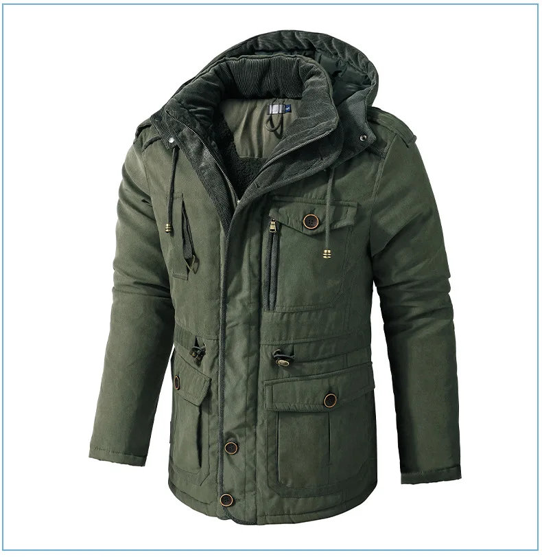 Men Oversized Hooded Lamb Fleece Parkas Men Thick Multi Pocket Mid Length Outerwear Winter Thick Parkas Males Thermal Parkas