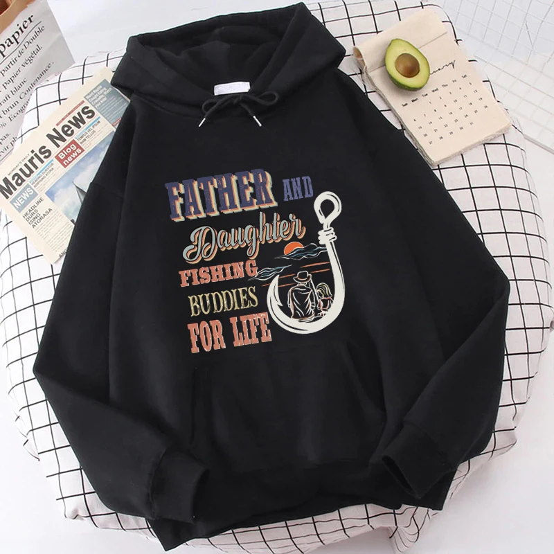 (High Quality Hoodies)New Father And Daughter Fishing Buddies For Life Letter Print Hooded Fashion Men Sweatshirt Father Hoodies