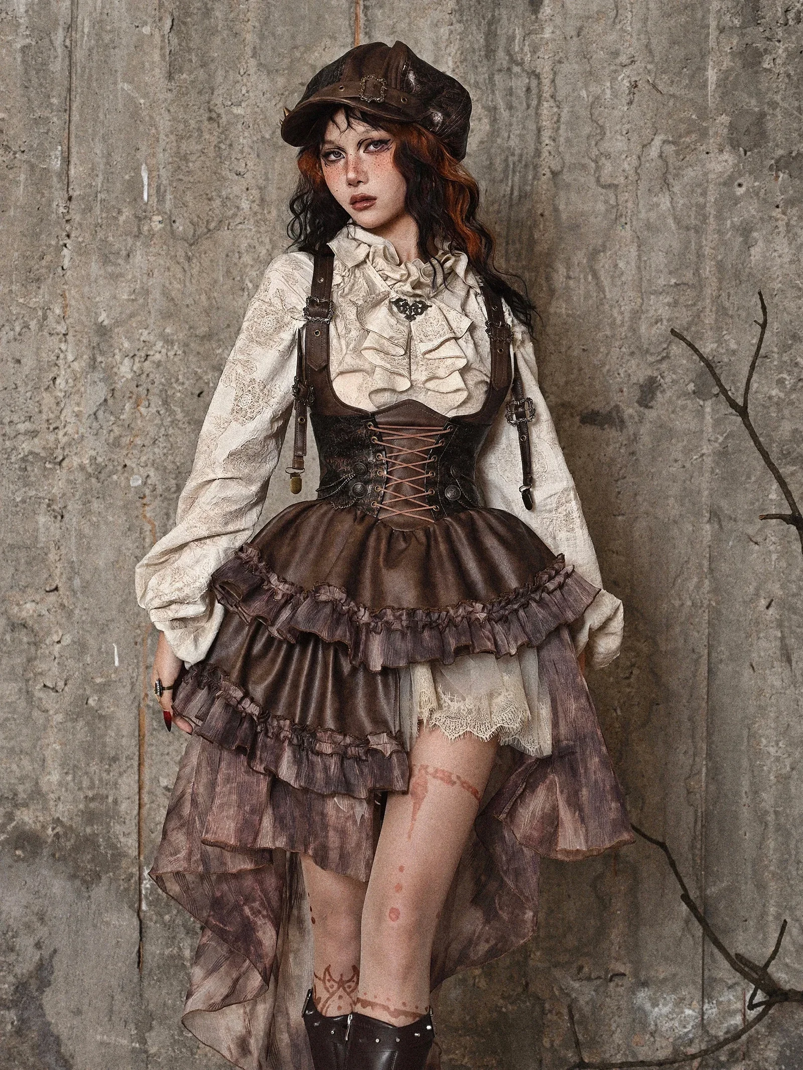 Blood Supply Original Dark Steampunk Asymmetric PU Autumn Maillard Chest Strap Trail Dress Brown Light Lolita Suspender Dress