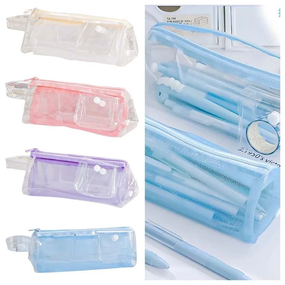 Makeup Pouch PVC Mesh Pencil Case Large Capacity Cosmetic Bag Stationery Storage Bag Clear Transparent Transparent Zipper Pouch