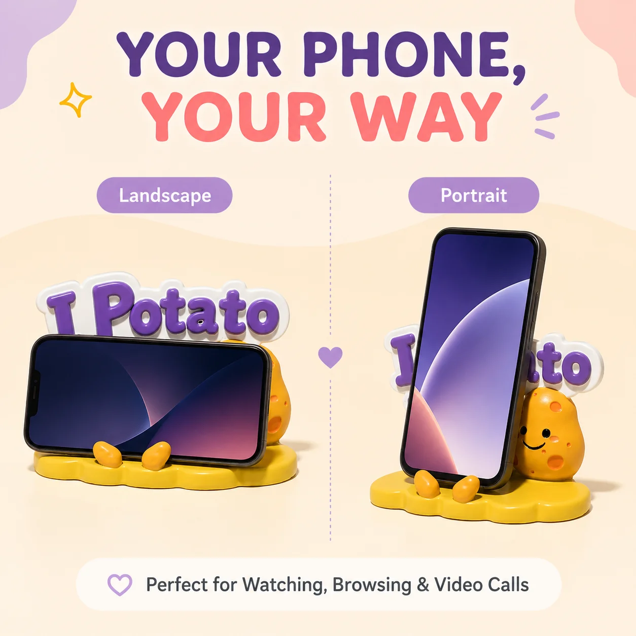Hodao Resin I Potato You Phone Stand, Cute Potato Figurine Smartphone Holder, Kawaii Yellow Smiley Face Desktop Decor for Office Home Bedroom Dorm Shelf, Hands Free Smartphone Accessory Gift for Girlfriend Boyfriend Women Men Couples and Friends