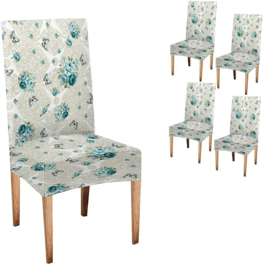 

Abstract Turquoise Dining Chair Covers Set Of 4 Beige Pattern And Turquoise Roses And Butterflies On White Background Dining