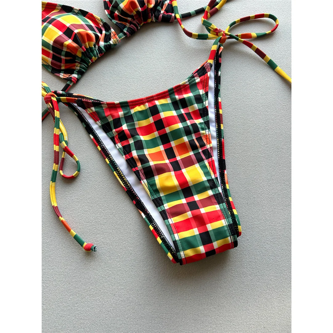 Sexy kariertes Neckholder-Bikini-Badeanzug-Set für Damen, zweiteiliger Bikini mit hohem Beinausschnitt und Polsterung, Badebekleidung V7930 – Detail 6