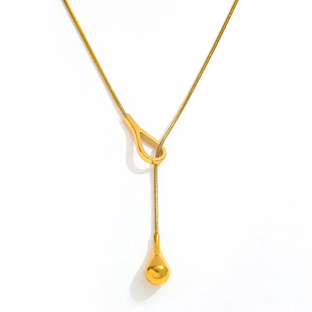 

JOOLIM Jewelry High End Pvd Wholesale Fashion Simple Fine Teardrop Pendant Adjustable Sweater Stainless Steel Necklace for Women