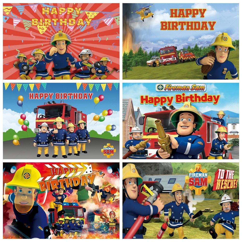 

Fireman Sam Party Photography Background Firefighter Birthday Party Fire Truck Poster Baby Shower Banner Decoration Props Custom