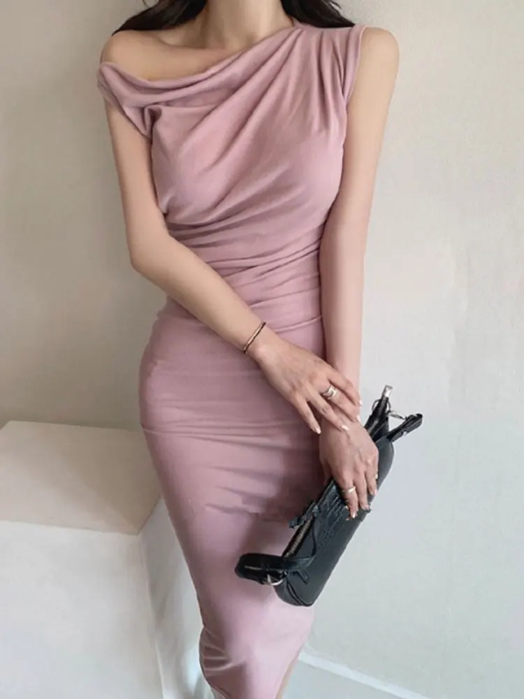 

Summer Dress Women 2022 Black Elegant Korean Fashion Bodycon Slash Neck Prom Evening Party Mid Dresses Solid Women's Clothing