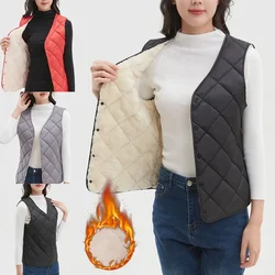 Autumn Winter New Women's Ultra-thin Cotton Vest Sleeveless V-neck Warm Padded Fleece Quilted Vest Diamond Pattern Coat M-4XL