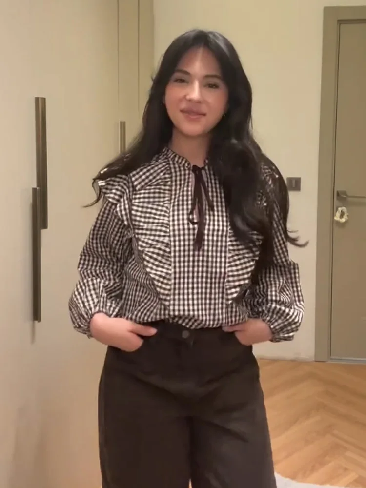 

HH Woman New Fashion Plaid Ruffle Lace Decoration Blouse Female Elegant Long Sleeves Casual Loose Temperament Street Top Mujer