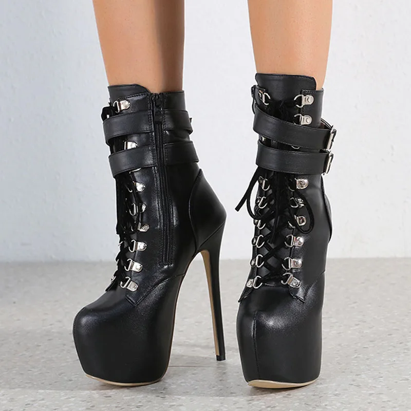 Liyke Sexy Buckle Strap 16.5 CM Extreme High Heels Platform Boots For Women Round Toe Cross Lace Up Party Club Stripper Shoes