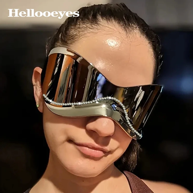 Oversized Punk Goggle Diamond Sunglasses Women Men Luxury Brand Designer Y2K Sport Sun Glasses One Piece Eyewear Shine Shades