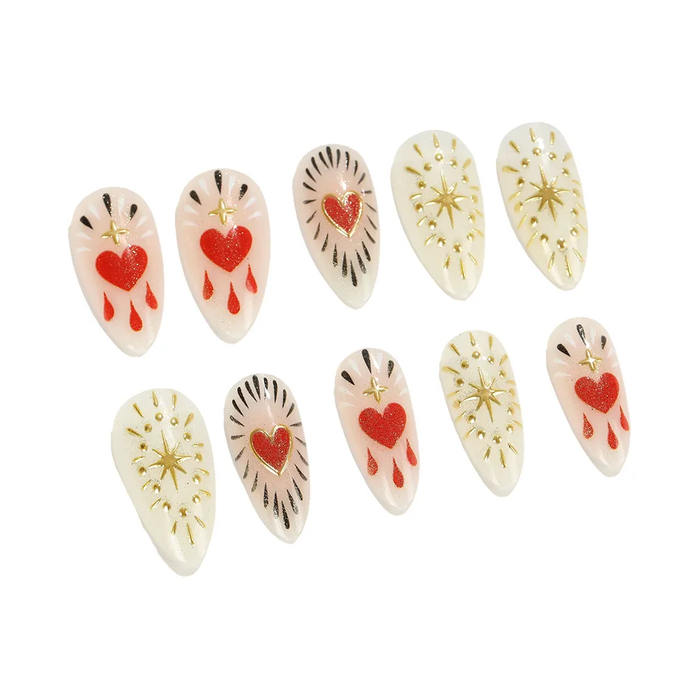 

24PCS 3D Gold Love Fake Nails with Almond Shape Gilt Starburst Moon Star Press on Nails Sweet Cool Style Removable False Nails