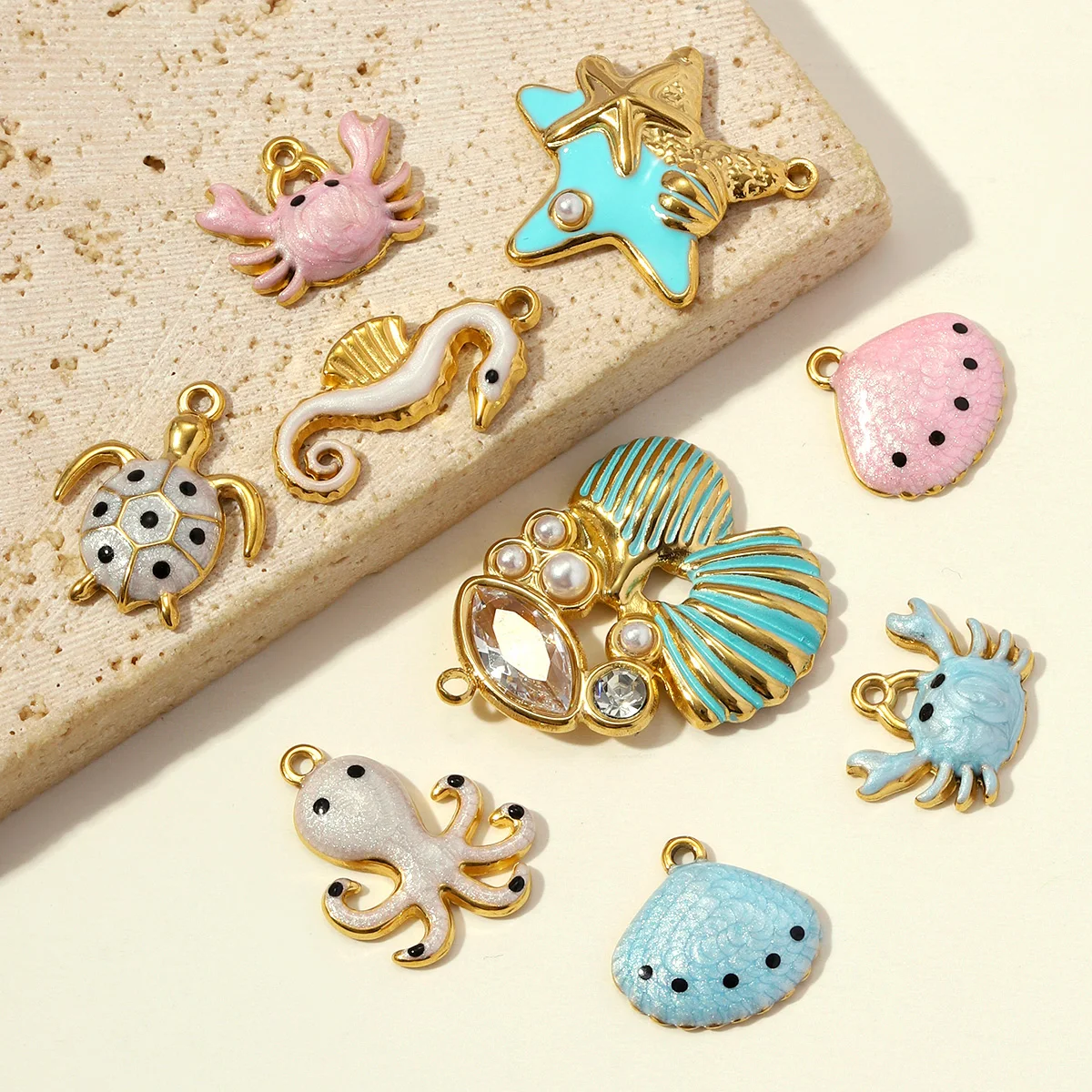 3pcs/Lot Wholesale Stainless Steel  Pearl Starfish Shell DIY Charms Enamel Star Moon Necklace Pendants Heart Shoe Accessory - view 5