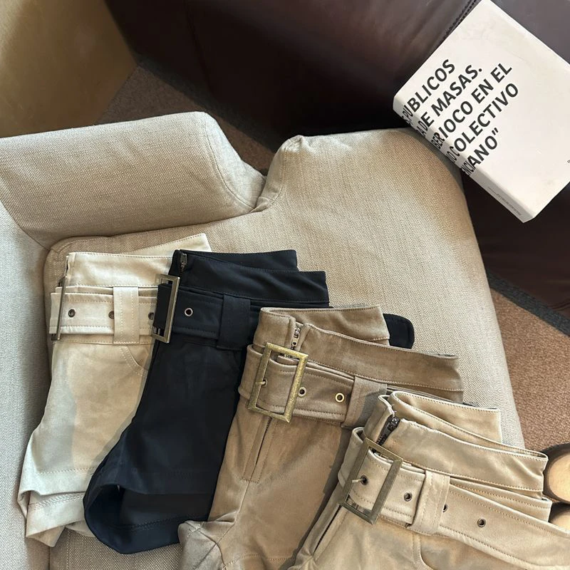 Fashion with Belt Suede Shorts Women Autumn High Waist Streetwear Loose Wide Leg Pants Y2K Korean All Match Female A Line Shorts