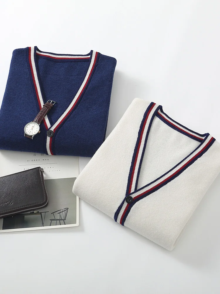 Autumn Winter 100% Pure Wool Cardigan Men's V-neck Contrasting Color Simple Casual Business Loose Staple Knitted Sweater Jacket