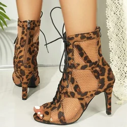 Female Shoes 2025 Peep Toe Women's Sandals Plus Size Party Sandal Women Lace Up Cover Heel Back Zip Thin Heels Mesh Modern Boots