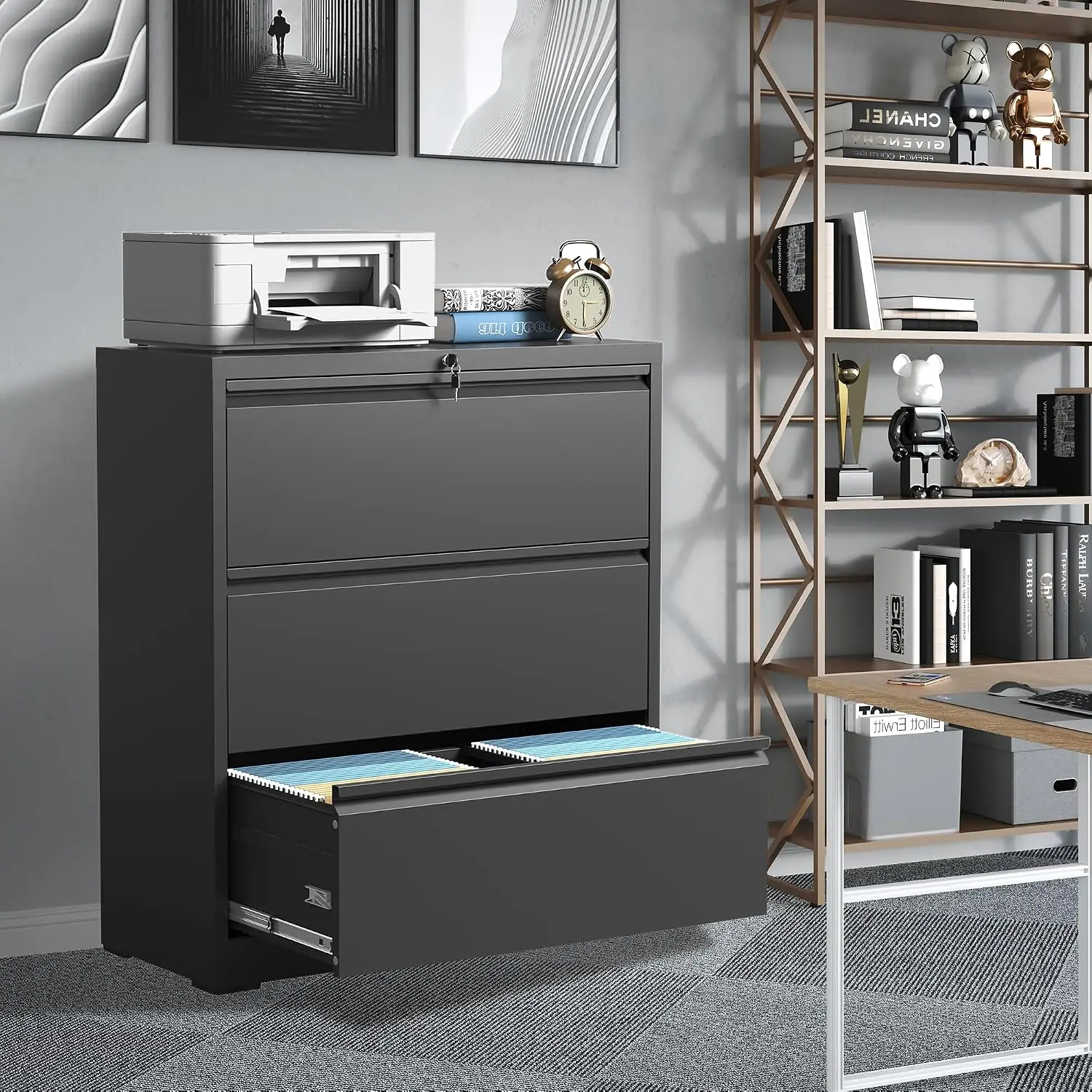 3 Drawer Metal Lateral File Cabinet with Lock, Heavy Duty Steel Storage for Home Office Legal Letter A4, Customized