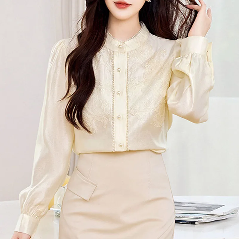 

Женская блузка-рубашка, новая рубашка-рубашка с длинным рукавом и воротником-стойкой, вышивка бисером, блузка, женские топы, блузки, Blusas Para Mujer Blusa Q1348