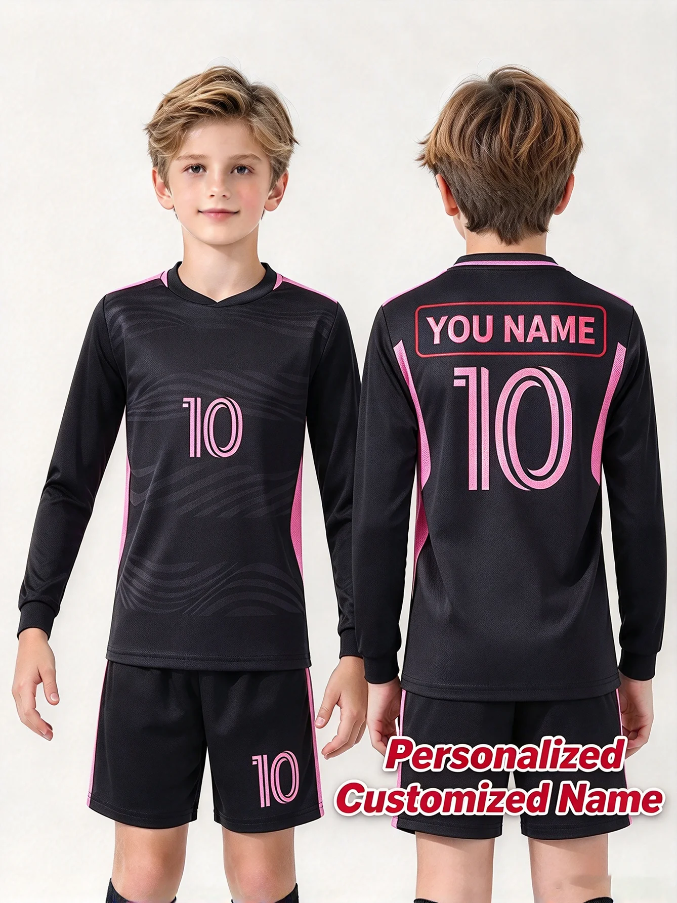 Personalization Kids Long Sleeve Soccer Jersey Set, Custom Name Black Pink Training Football Uniform For Miami With Messi 10#