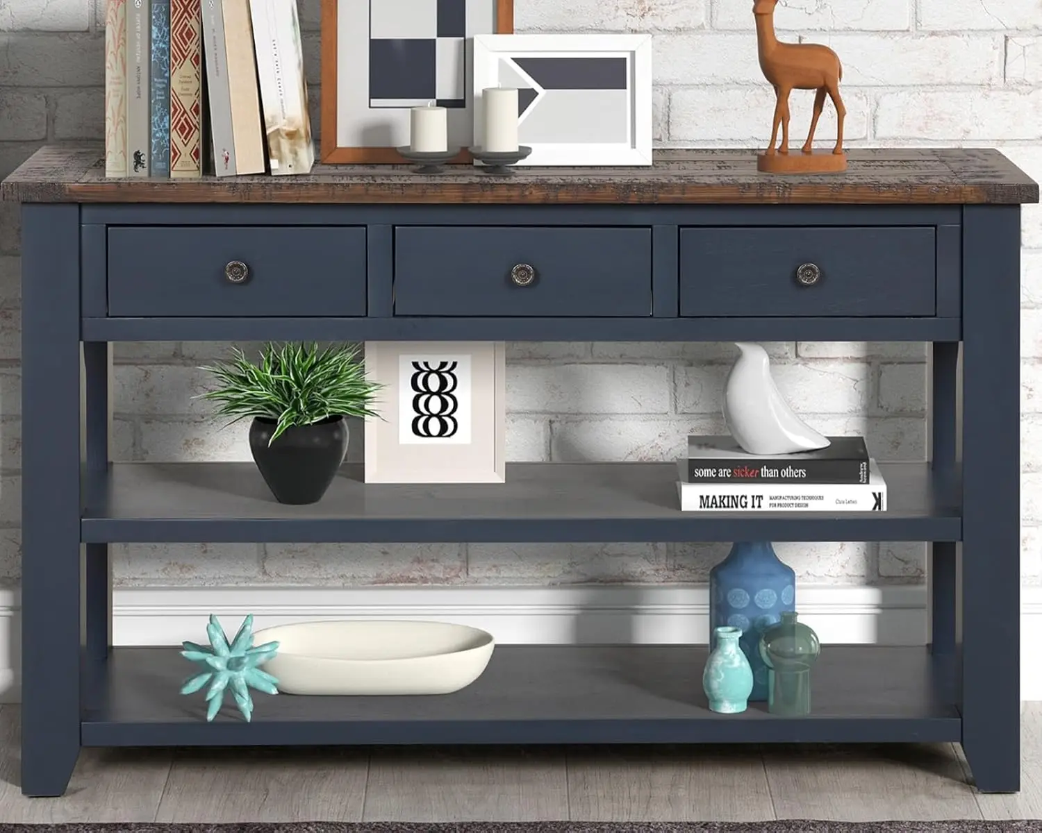 Solid Wood Console Table for Entryway;Sofa Table with Storage | 48.8 Inch Blue Real Wood Farmhouse Console Table, Customized