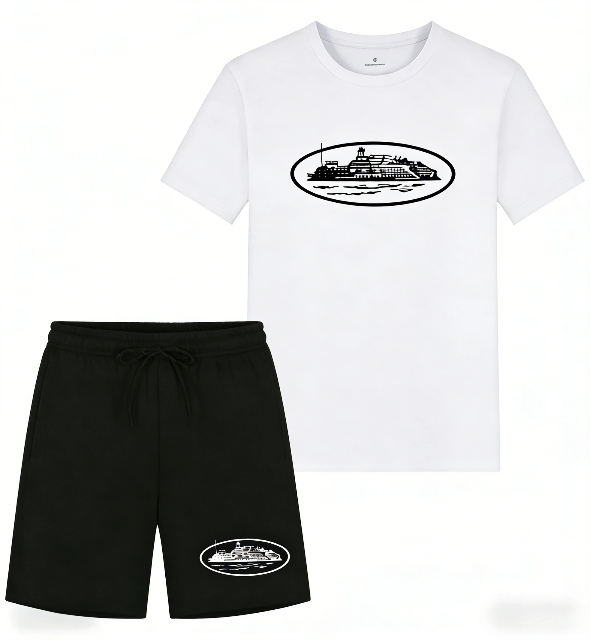 2026 Summer New Small Boat Printed two-piece T-shirt and shorts Loose Round Neck Breathable Half Sleeve Casual Fashion Brand