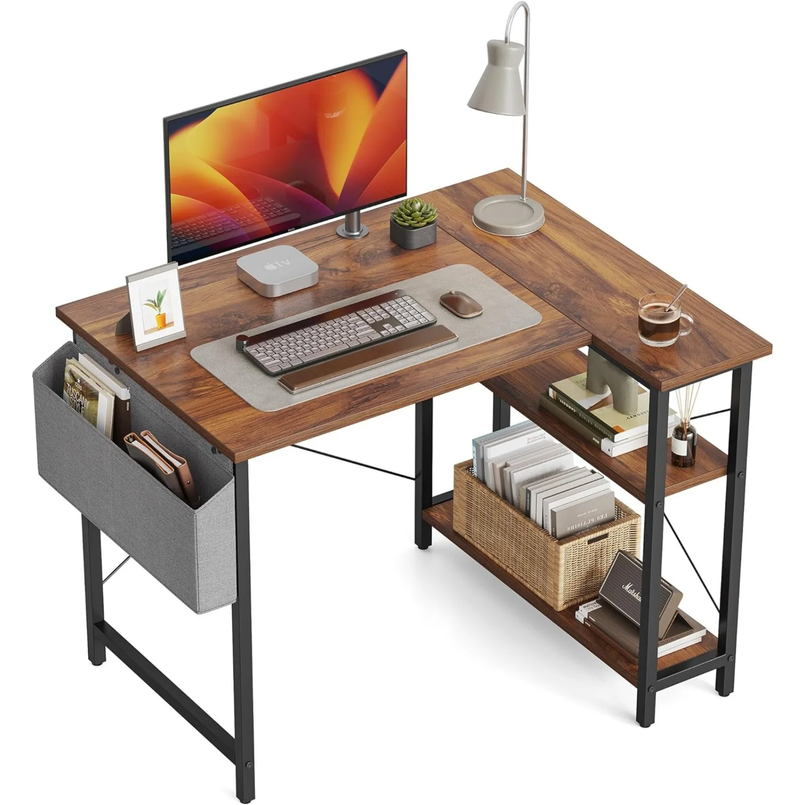 CubiCubi 40 Inch Small L Shaped Computer Desk with Storage Shelves Home Office Corner Desk Study Writing Table, Deep Brown